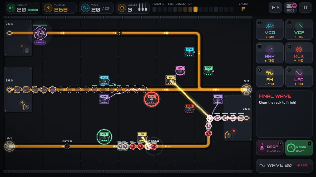 Noise Gate gameplay. On a dark rack, amber cables carry noise from three SIG IN jacks to two speakers. Synth modules sit between the lanes: an FM Operator fires a yellow beam diagonally across the board, an 808 Kick’s shockwave ring pulses red, and Arpeggiator lightning arcs into a line of noise. The side panel lists the six modules and reads FINAL WAVE.
