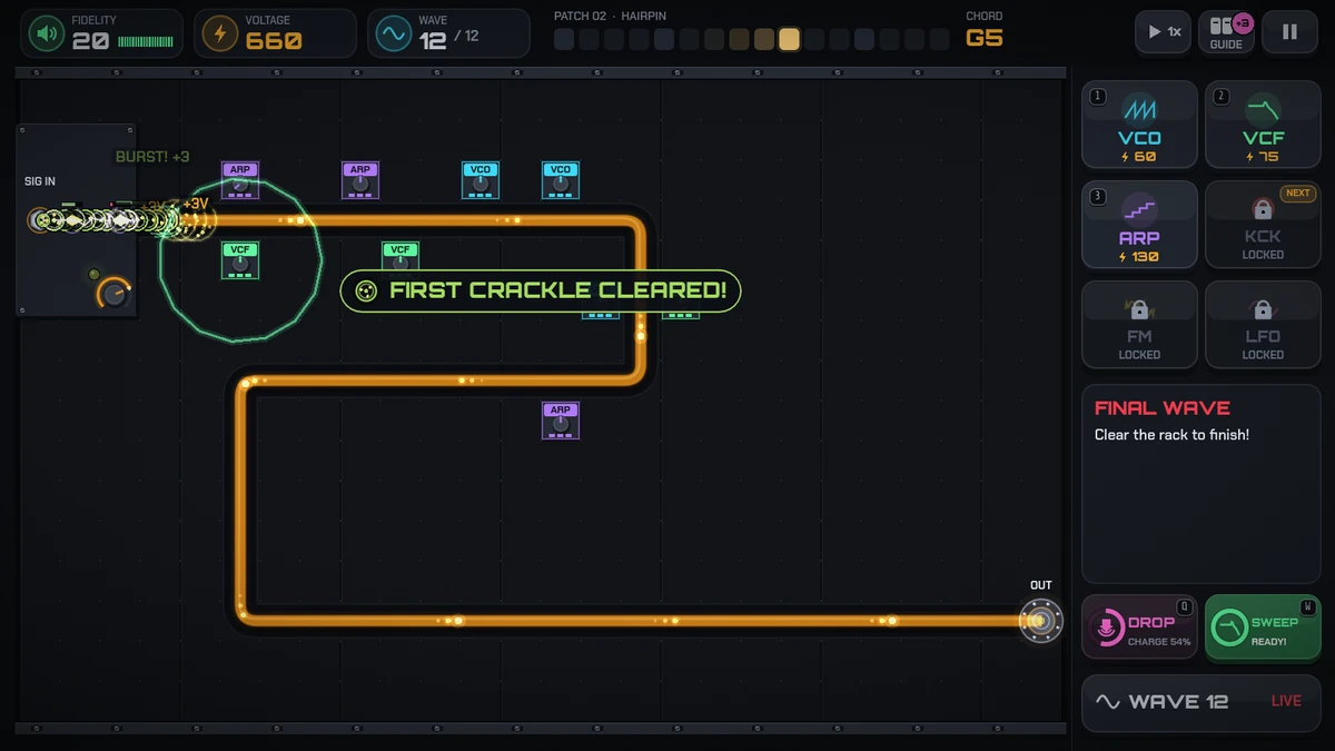 An early patch: a single cable that doubles back on itself, with Arpeggiators, Oscillators and Filters along its first stretch. A burst of CRACKLE noise breaks up at the input inside a Filter’s green ring, and a banner reads FIRST CRACKLE CLEARED!