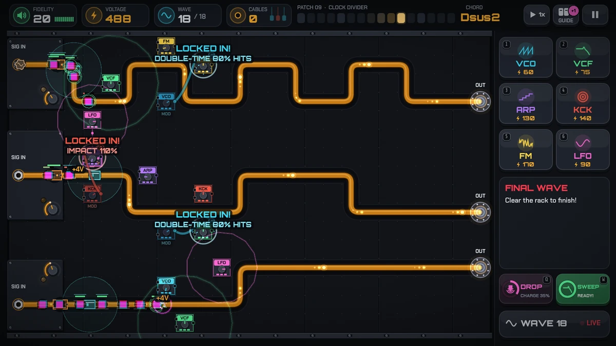 Three lanes, each running from its own SIG IN to its own speaker, with modules clustered round the inputs. Patch cables join pairs of modules, and banners read LOCKED IN! DOUBLE-TIME 80% HITS and LOCKED IN! IMPACT 110%. The top bar shows the chord, Dsus2.