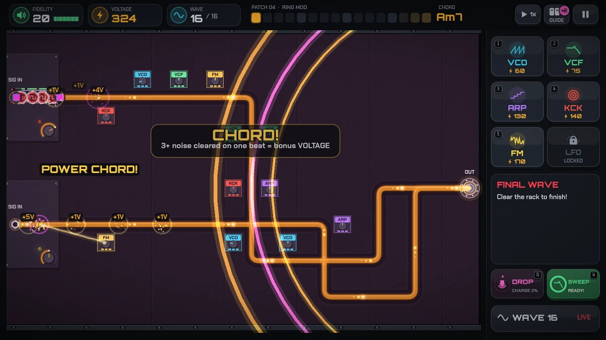 THE DROP firing on a two-input rack: huge amber and pink rings sweep across the whole board. Banners read POWER CHORD! and CHORD!: 3+ noise cleared on one beat = bonus VOLTAGE. The top bar shows the chord, Am7.
