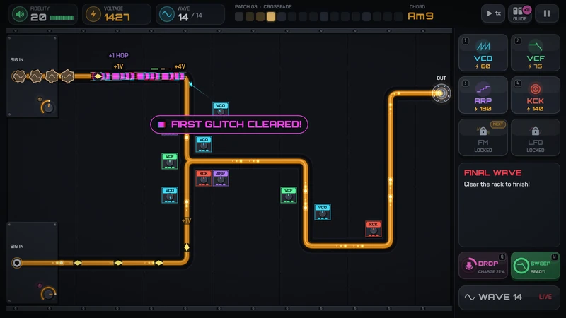 A rack mid-fight. An amber cable winds from two inputs to the speaker, with Oscillators, Filters, an Arpeggiator and 808 Kicks placed along its bends. A pack of GLITCH noise streams in at the top left, a banner reads FIRST GLITCH CLEARED!, and the top bar shows the current chord, Am9.